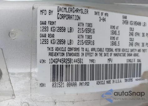 2005 Dodge Caravan Sxt z USA, uszkodzony, nr VIN 1D4GP45R25B144561